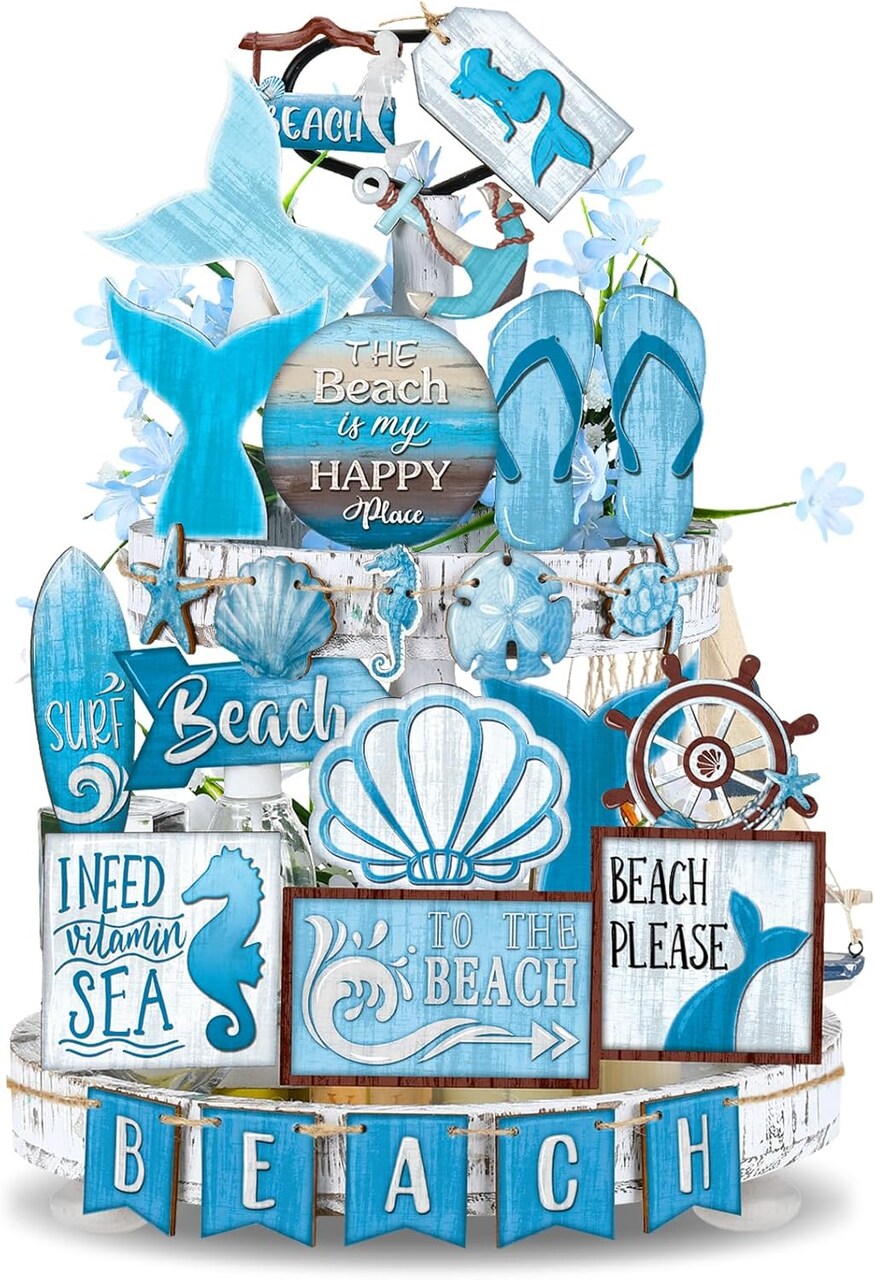 26 Pcs Summer Beach Tiered Tray Decoration Summer Wood Signs Beach Kitchen Decoration Rustic Farmhouse Tiered Tray Table Decorations for Home Party